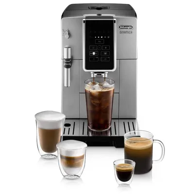 Dinamica Automatic Coffee & Espresso Machine with Iced Coffee + Adjustable Milk Frother, Silver - ECAM35025SB — bean-to-cup espresso machine, front view